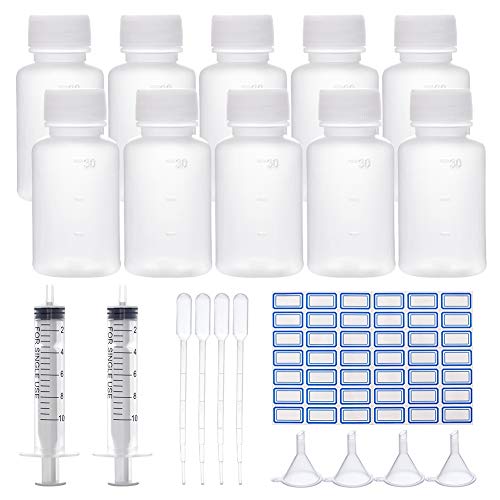 BENECREAT 50 Pack 30ml Botella de Plástico de Reactivos Químicos de Laboratorio con 6 Jeringas, 10 Embudos, 10 Pipetas y Etiqueta para Líquedo, Muestras