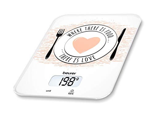 Beurer KS 19 Love - Balanza de cocina, pantalla LCD, medición 5 Kg / 1 gr, botón táctil, vidrio de seguridad, color blanco