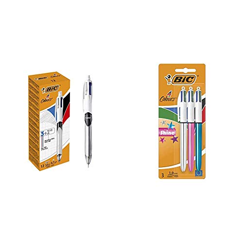 BIC 4 3+1HB Bolígrafo y Portaminas – Caja de 12 unidades + 4 Shine Bolígrafo Retráctil punta media (1,0 mm) – Metálicos Surtidos, Blíster de 2+1