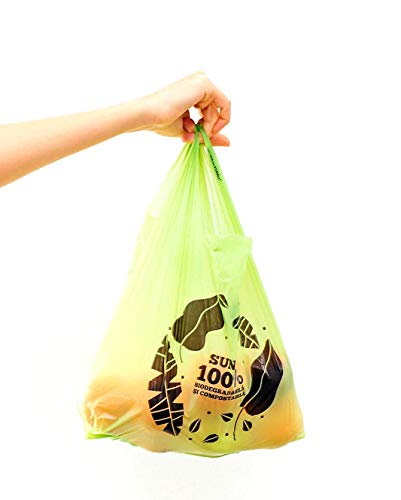 Bolsas Biodegradables y Compostables Tipo Camiseta Paquete con 50 bolsas, certificadas TUV Austria conforme EN13432 y fabricadas en la Unión Europea, Dimensiones:(30+2x9)x60 cm (large), color Verde)