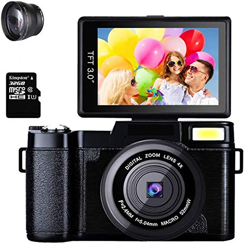 Cámara Digital Videocámara Camara de Fotos Full HD 1080P 24.0MP 2.7K Pantalla Plegable de 3 Pulgadas con Zoom 4X con Linterna retráctil de Regalo (Papel 32G y Lente Gran Angular de 52 mm)