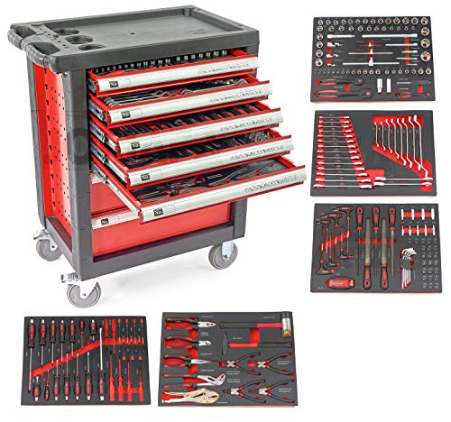 Carro de taller con herramientas ROJO, 7 cajones y 5 modulos en perfil Fibra de carbono Carro de taller con herramientas ROJO, 7 cajones y 5 modulos en perfil Fibra de carbono
