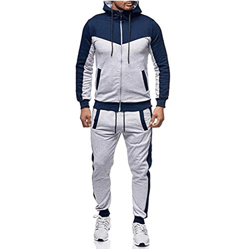 Chándal Hombre Completo 2 Piezas Conjunto de Ropa Deportiva Top Sudadera de Manga Larga con Cremallera y Capucha + Pantalones Largos de Cintura Elástica Traje Informal Otoño Primavera (Azul, L)