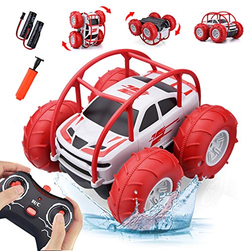 Coche Teledirigido, 2.4 GHz 4WD RC Coche Anfibio Acrobacia Rotación Volteo de 360 Grados, Juguete Impermeable, con Batería Recargable, Regalo para niños (Rojo Positivo)