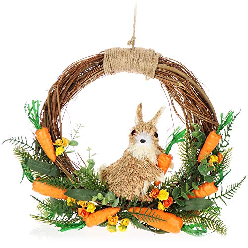 com-four® Colgante de decoración de Pascua - Anillo de Mimbre con Conejito de Pascua y Zanahorias para Colgar - Corona de Sauce para Ventanas y arbustos