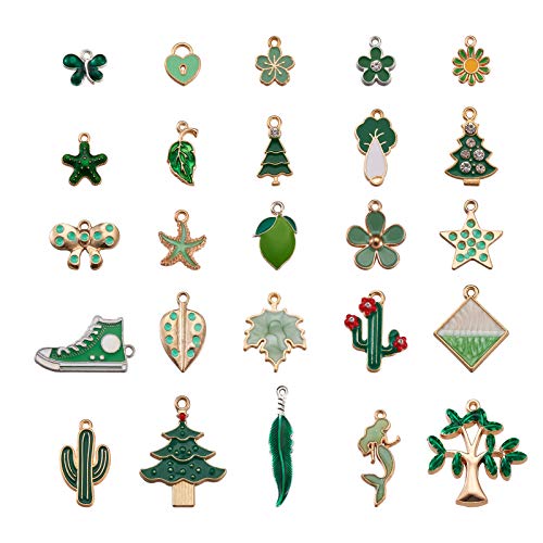 Craftdady 50 colgantes de esmalte verde, chapados en oro, diseño de flores, hojas y cactus, para pulseras, collares, bisutería, manualidades