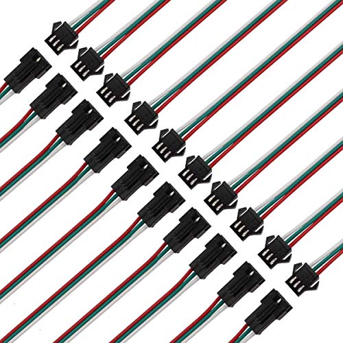 Crazepony-UK JST SM 3 Pin Connector LED Power Male to Female SM Wire Cable Adapter with 135mm 20AWG Cable-10 Pack