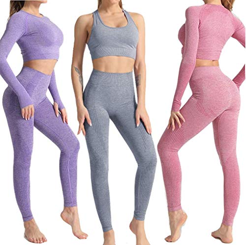 CrisKat Conjunto Yoga 3 Piezas Deportivo para Mujer Top de Running de Manga Larga de 2 Piezas Pantalones de Cintura Alta Yoga Gym Wear (Set 3 Rosa, S)