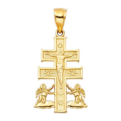 Crucifijo Jesús de oro amarillo de 14 quilates con colgante de ángel religioso de 28 mm de altura y 15 mm de ancho