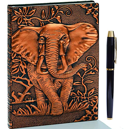 Diario de piel en relieve vintage con juego de bolígrafos dorados,A5,hecho a mano,cuaderno de bocetos, diario de viaje y cuaderno para escribir, regalo para mujeres y hombres(Elefante,bronce rojo)