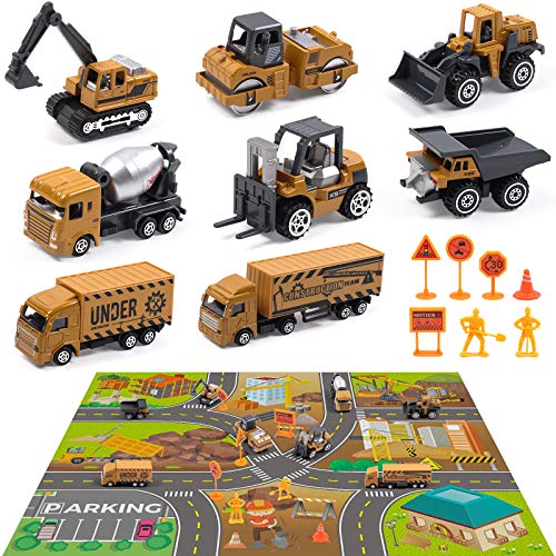 DigHealth Set de Vehículos de Construcción de Juguete con 82×71cm tapete de Juego, 8 Mini Camiones de Juguetes, 8 Señales de Seguridad Vial, Regalo de Coches de Ingeniería para Niños 3 4 5 6 7 Años