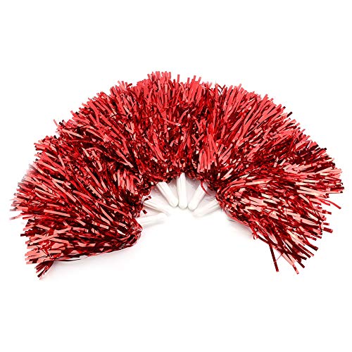 Dioche Poms de Porristas, Pompones de Animadora Bola de Flor Metálica Pompones de Anillo de Plástico para Grupo de Animadores y Baile(Rojo)