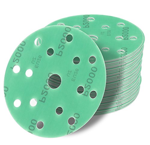 Discos de lija, 48 unidades, color verde, diámetro: 150 mm, 8 discos de grano 2000/1500/1200/1000/800/400 para lijadora excéntrica, 15 orificios