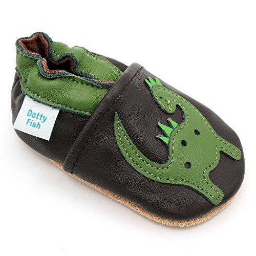 Dotty Fish Zapatos de Cuero Suave para bebés. Antideslizante. Marrón con Dinosaurio Verde. 18-24 Meses (23 EU)