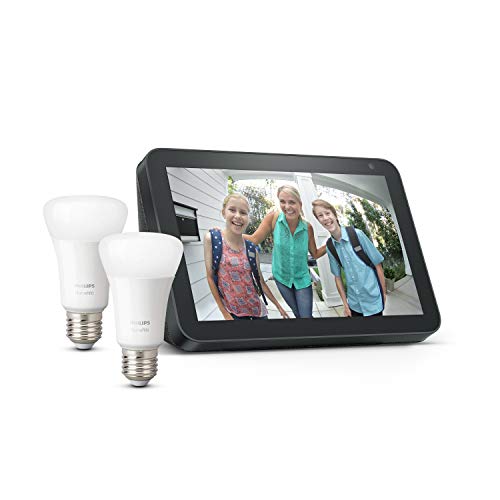 Echo Show 8, Tela de color antracita + Philips Hue White Pack de 2 bombillas LED inteligentes, compatible con Bluetooth y Zigbee, no se requiere controlador Echo Show 8, Tela de color antracita + Philips Hue White Pack de 2 bombillas LED inteligentes, compatible con Bluetooth y Zigbee, no se requiere controlador