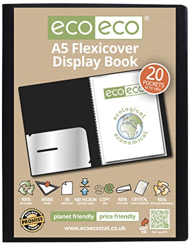 eco-eco A5 100% Reciclada 20 Bolsillo de Color Negro Pantalla Flexicover Libro, eco015