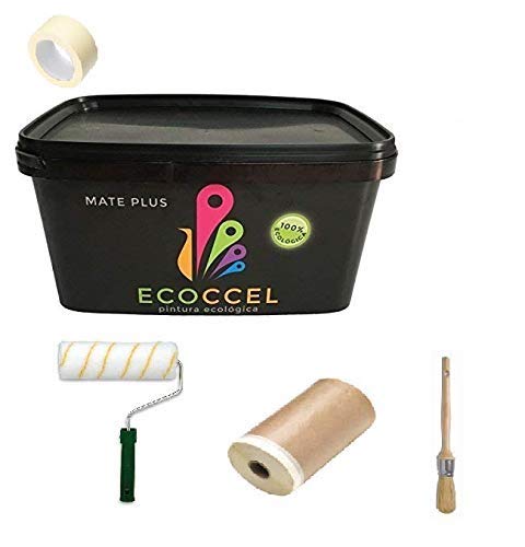 ECOCCEL, Pack pintor, pintura pared interior y exterior ECOLOGICA (4 lt), más rodillo, brocha, papel cinta y cinta carrocero. (Gris claro (S 1500 N))