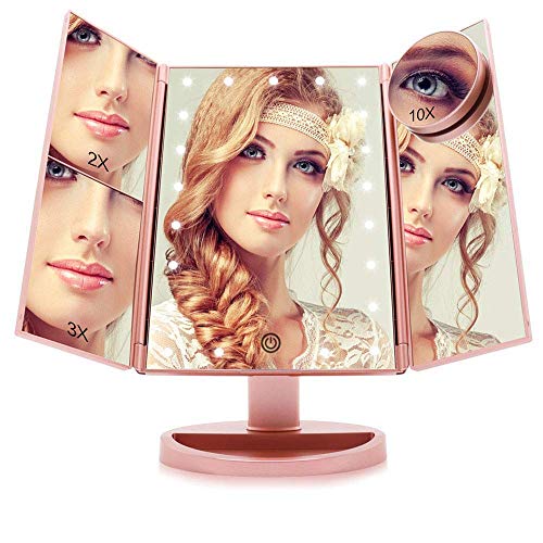 Espejo de Maquillaje con 21 Luces LED, Mesa Triple Espejo de tocador 1X / 2X / 3X / 10X Espejo de Aumento Pantalla táctil de rotación de 180 ° Fuente de alimentación Doble Espejo cosmético Oro Rosa
