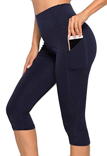 FITTOO Mallas 3/4 Leggings Mujer Pantalones de Yoga Alta Cintura Elásticos y Transpirables Azul Oscuro M