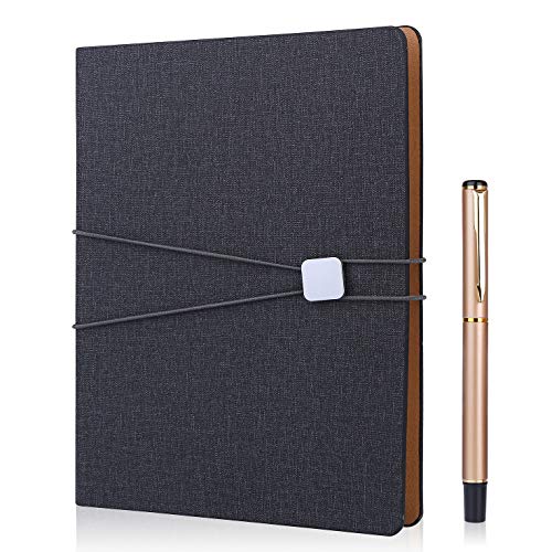 FOBOZONE Cuaderno de lino A5, rellenable hojas sueltas, clásico forrado con bolsillo, diseño de banda elástica, 100 hojas de papel de 100 g/m², color negro