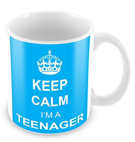 F&T - Taza de cerámica blanca de 325 ml con diseño azul de «Keep Calm I'm A Teenager»