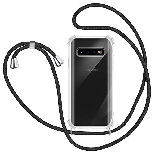 Funda con Cuerda para Samsung Galaxy S10 Plus, Carcasa Transparente TPU Suave Silicona Case con Correa Colgante Ajustable Collar Correa de Cuello Cadena Cordón para Samsung Galaxy S10 Plus - Negro