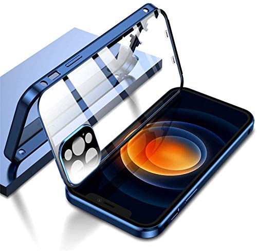 Funda para iPhone 12 Pro MAX Magnética Carcasa[con Protector de Cámara],360 Grados Transparente Case Protector[Doble Cara Vidrio Templado Case][Marco Metal] Ultra-Delgado Anti-choques Estuche,Azul