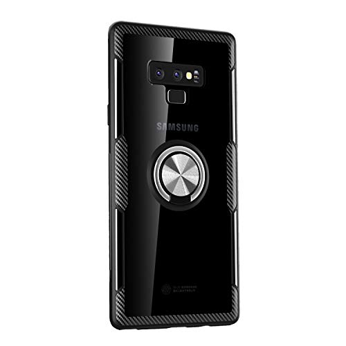 Funda Samsung Galaxy Note 9 transparente, parachoques de TPU y contraportada de espejo templado con soporte de anillo de metal magnético con rotación de 360 ° para Samsung Galaxy Note 9-Negro Plata