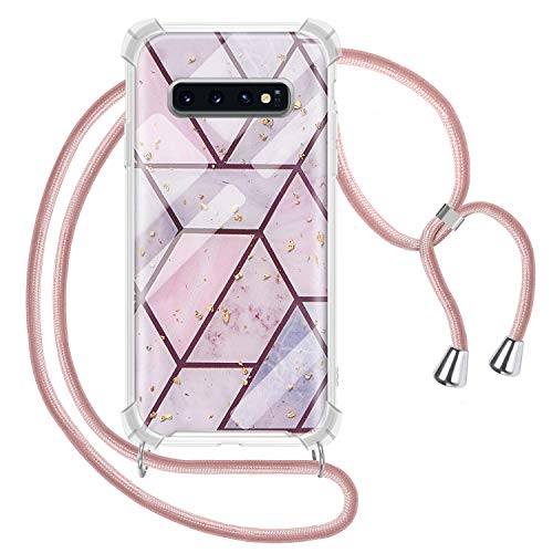 Genrics Funda con Cuerda para Samsung Galaxy S10 Plus, Carcasa Mármol Brillante Ultrafina Rígida PC con Correa Colgante Ajustable Collar Correa de Cuello Cadena Cordón, Oro Rosa