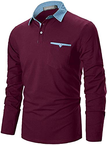 GNRSPTY Polo Hombre Manga Larga Denim Cuello Camisetas Algodón Camisas T-Shirt Golf Tennis Otoño Invierno Oficina,Rojo Vino,L