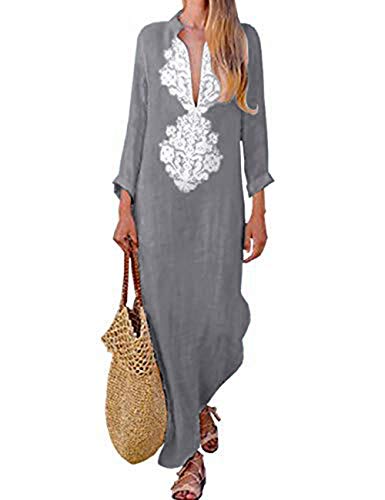 Hahaemma - Vestido para mujer de manga larga, estilo retro, de lino, de algodón, desenfadado, vestido largo de verano, ancho y elegante GY S