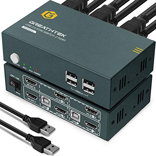 HDMI KVM Switch Dual Monitor 2 Puertos,4K @ 60Hz, 4 USB 2.0, Conmutador HDMI 2.0, HDCP2.2, Con 4 Cables HDMI y 2 Cables USB, Conmutador KVM