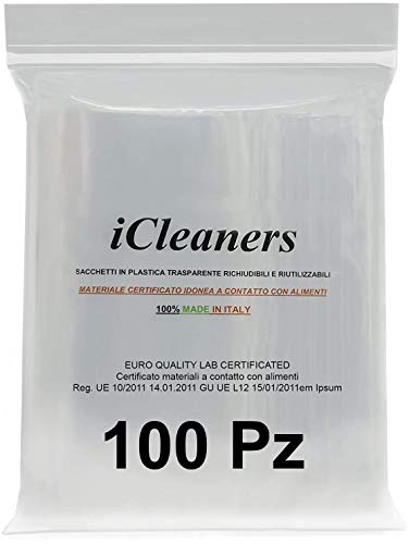 iCleaners Bolsas de plástico transparente fabricadas en Italia para alimentos con cierre a presión, reutilizables, muy resistentes, 100 % fabricadas en Italia (16 x 24 cm) iCleaners Bolsas de plástico transparente fabricadas en Italia para alimentos con cierre a presión, reutilizables, muy resistentes, 100 % fabricadas en Italia (16 x 24 cm)