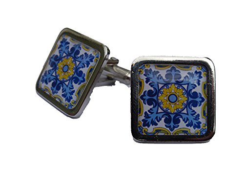 Impresionante color azul y amarillo Broche Floral del español mancuernas de cromo Impresionante color azul y amarillo Broche Floral del español mancuernas de cromo