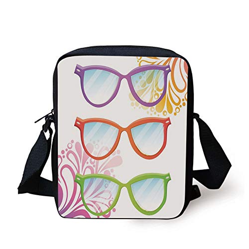 Indie,Set of Old Fashioned Glasses in on Abstract Summer Floral Backdrop,Multicolor Print Kids Crossbody Messenger Bag Purse