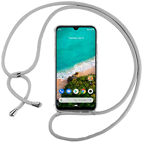 Ingen Funda con Cuerda para Xiaomi Mi A3 - Carcasa Transparente TPU Suave Silicona Case con Colgante - Gris