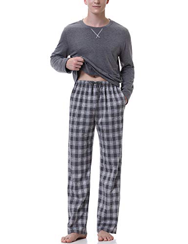 Irevial cómodo Pijamas Hombre Algodon 2 Piezas,Manga Larga Camiseta de Color Puro y Calidad Pantalón de celosía, Talla Grande