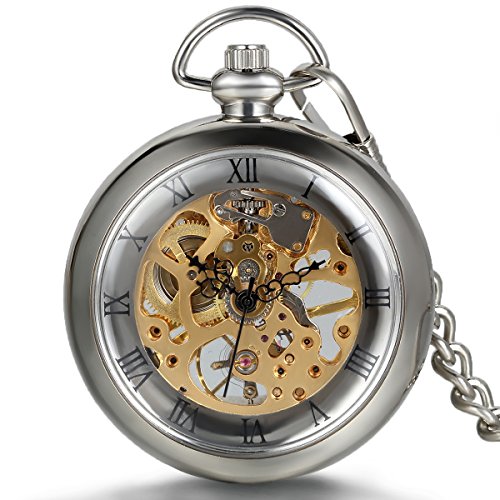 Jewelrywe Reloj de Bolsillo mecánico Cuerda Manual, clásico Retro Reloj Bronce, Pantalla Dual Hueco, Reloj de Bolsillo Antiguo (G)