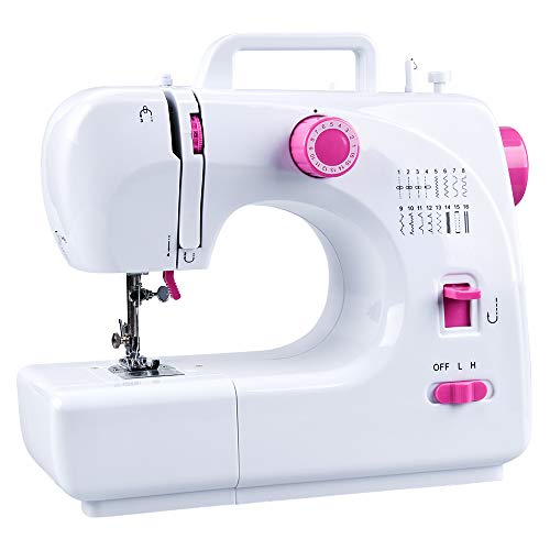 JRing Máquina de coser con 16 programas de costura, pedal de pie, brazo libre, máquina de coser eléctrica, velocidad ajustable, máquina de coser profesional para tejidos gruesos