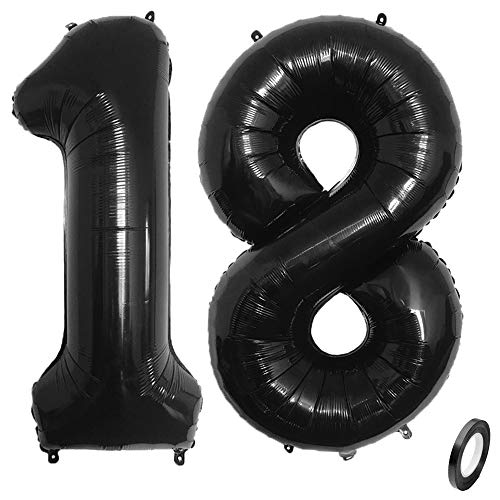 Jurxy Número 18 globos negros grandes de papel de aluminio Mylar globos gigantes de 40 pulgadas, globos de números gigantes para decoraciones de fiesta de cumpleaños, color negro #18