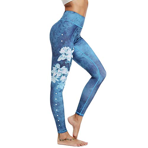 Keepwin Mallas Mujer Deportivos Leggins Mujer Push Up Cintura Alta Pantalones Yoga Mujer Elásticos Floral Pantalon de Entrenamiento para Running Gym Fitness (Cielo Azul, Large)