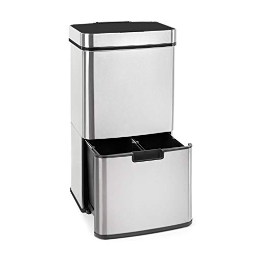 Klarstein Touchless – cubo de la basura de acero inoxidable con sensor, 72 litros con 4 compartimentos: 43 y 2 x 12,5 litros, cubo bio con tapa: 4 litros, apertura y cierre automáticos, plateado