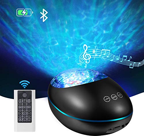 Lámpara de proyector Ocean Wave, luz nocturna con control remoto y temporizador, lámpara de proyector USB Bluetooth con 8 modos de color y 8 melodías ambientales de naturaleza (Negro)