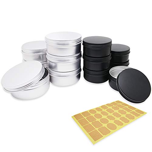 Lata de Aluminio de 12 Piezas con Tapas de Rosca, PUDSIRN 6 Piezas de 250 ml de Plata y 6 Piezas de latas de Aluminio Redondas Negras de 150 ml Envases cosméticos vacíos con 1 Pegatinas