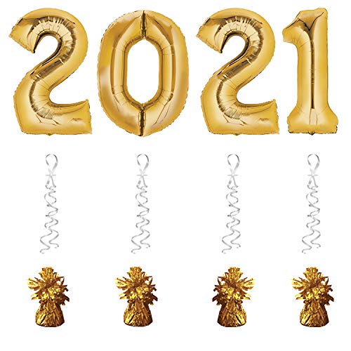 L+H Globos de aire XXL 2021 con número 2021, 80 cm, color dorado, incluye 4 pesos de globos en lámina con flecos y cordel para globos, set de decoración de Nochevieja para decoración de año nuevo