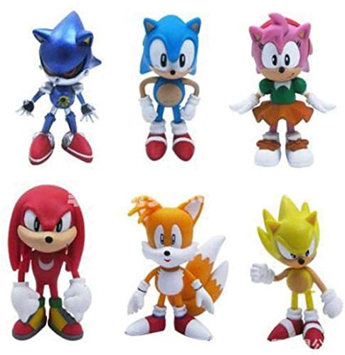 LIKEJJ Sonic Figures Toy 6Pcs / Set PVC Toy Sonic Shadow Tails Personajes Figura Juguetes Muñeca Hecha a Mano Muñeca Decoración para niños Animales Juguetes Set-in Box