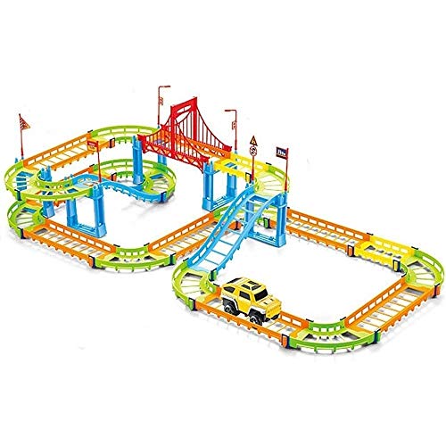 Linannau Juego de pistas de juguete para coche, pista de carreras, con señales de tráfico, paso elevado, pistas de tren para niños de 3, 4, 5, 6 años
