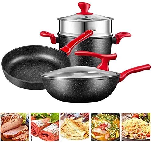LMDH Conjunto de utensilios de cocina de cocina, utensilios de cocina de cocina conjuntos woks & stead-fry sarteza, conjunto de ollas y sartenes, conjunto de utensilios de cocina antiadherente de 6 pi