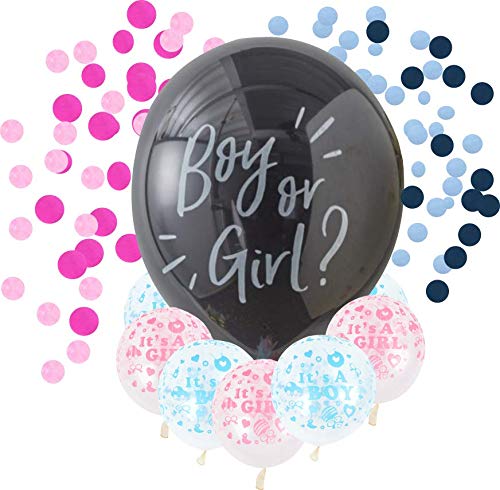 Luftballon Boy or Girl Globo de helio XXL negro con relleno de confeti rosa o azul, sorpresa para Baby Shower Gender Reveal Party + 10 globos Its a Boy + 10 globos It's a Girl
