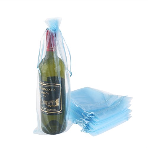 Luoem - Bolsa para botella de vino, bolsas de regalo, organza, azul, 37 x 15 cm, 20 unidades